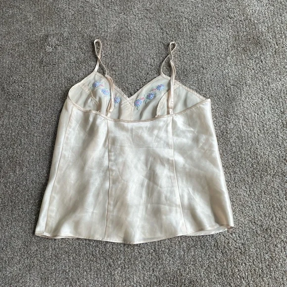 Elegant Cream Embroidered Satin Cami Top Floral Embroidered Vintage Fairy Grunge - Picture 6 of 10